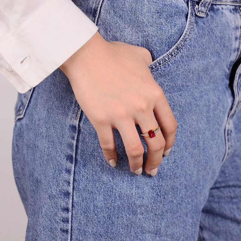 Womens Diamond Accent Lab Created Red Ruby 18K Gold Over Silver Side Stone Cocktail Ring