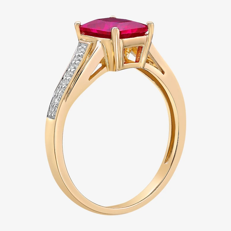 Womens Diamond Accent Lab Created Red Ruby 18K Gold Over Silver Side Stone Cocktail Ring
