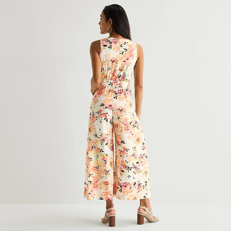 Melonie T Womens Square Neck Sleeveless Belted Jumpsuit