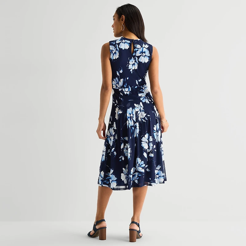 Perceptions Womens Midi Crew Neck Sleeveless Floral Fit + Flare Dress