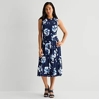 Perceptions Womens Midi Crew Neck Sleeveless Floral Fit + Flare Dress