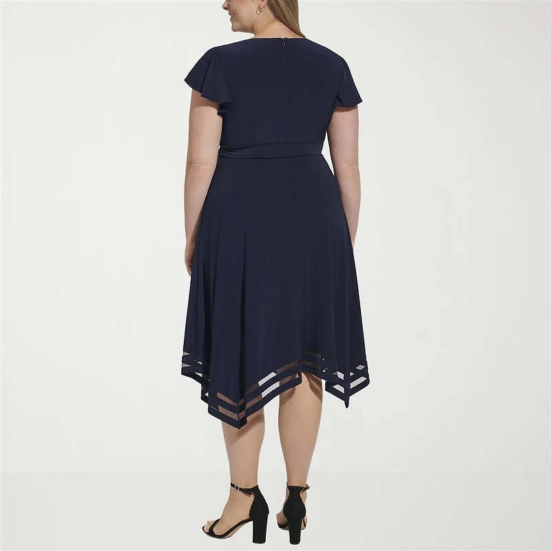 Jessica Howard Womens Plus High-Low Boat Neck Short Sleeve Flutter Fit + Flare Dress