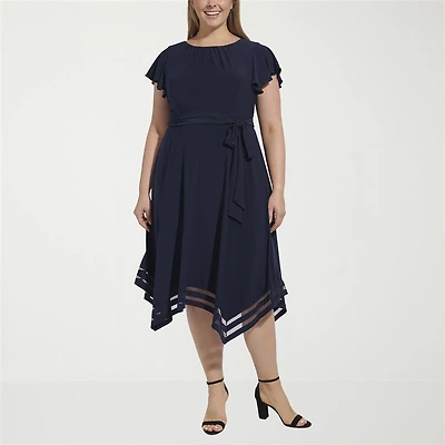 Jessica Howard Womens Plus High-Low Boat Neck Short Sleeve Flutter Fit + Flare Dress