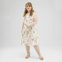Jessica Howard Womens Plus Midi Crew Neck Sleeveless Floral Fit + Flare Dress