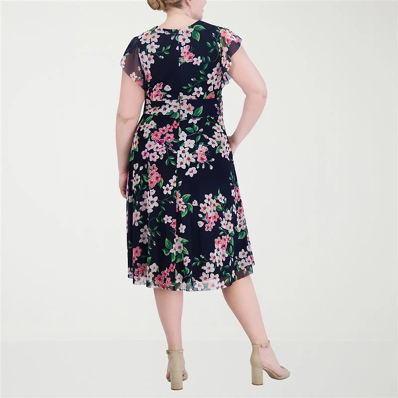Jessica Howard Womens Plus Midi V Neck Short Sleeve Flutter Floral Fit + Flare Dress