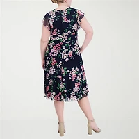 Jessica Howard Womens Plus Midi V Neck Short Sleeve Flutter Floral Fit + Flare Dress