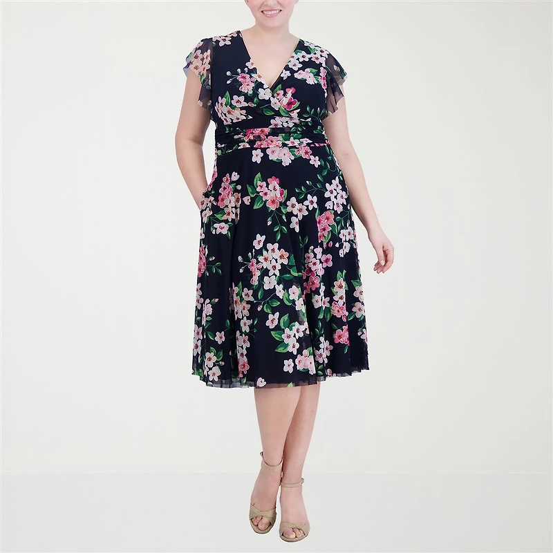 Jessica Howard Womens Plus Midi V Neck Short Sleeve Flutter Floral Fit + Flare Dress