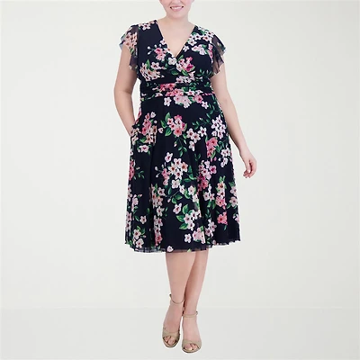 Jessica Howard Womens Plus Midi V Neck Short Sleeve Flutter Floral Fit + Flare Dress