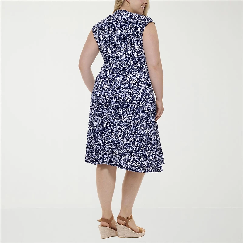 Jessica Howard Womens Plus Midi V Neck Sleeveless Floral Fit + Flare Dress
