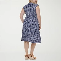 Jessica Howard Womens Plus Midi V Neck Sleeveless Floral Fit + Flare Dress