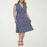 Jessica Howard Womens Plus Midi V Neck Sleeveless Floral Fit + Flare Dress