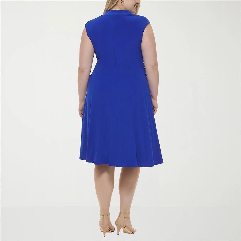 Jessica Howard Womens Plus Midi V Neck Short Sleeve Cap Fit + Flare Dress