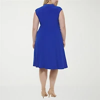 Jessica Howard Womens Plus Midi V Neck Short Sleeve Cap Fit + Flare Dress