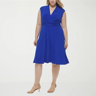 Jessica Howard Womens Plus Midi V Neck Short Sleeve Cap Fit + Flare Dress