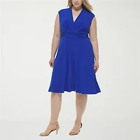 Jessica Howard Womens Plus Midi V Neck Short Sleeve Cap Fit + Flare Dress