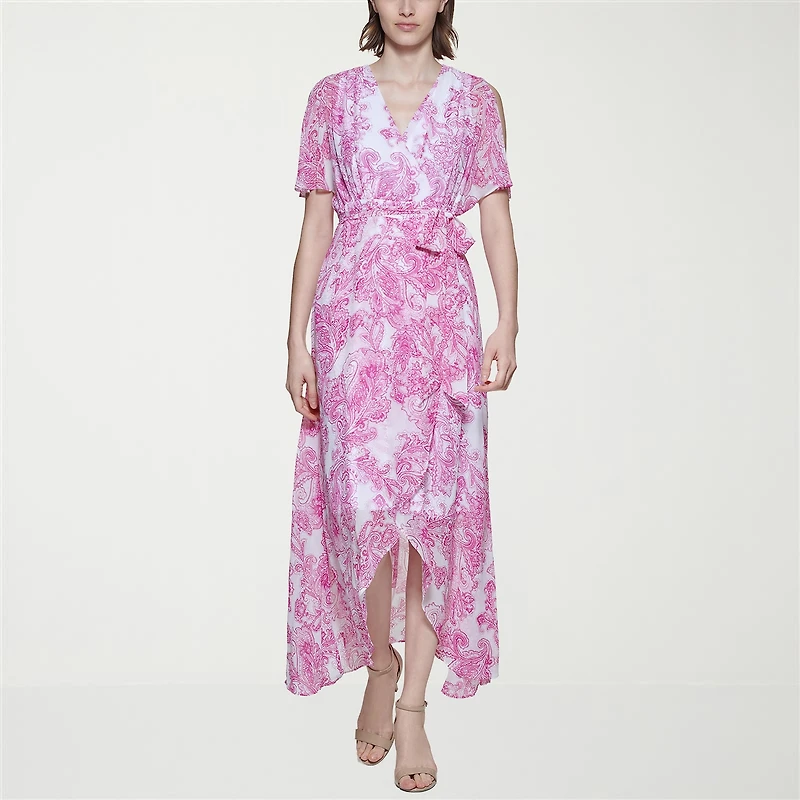Jessica Howard Womens Petite V Neck Short Sleeve Flutter Maxi Dress