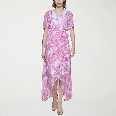 Jessica Howard Womens Petite V Neck Short Sleeve Flutter Maxi Dress