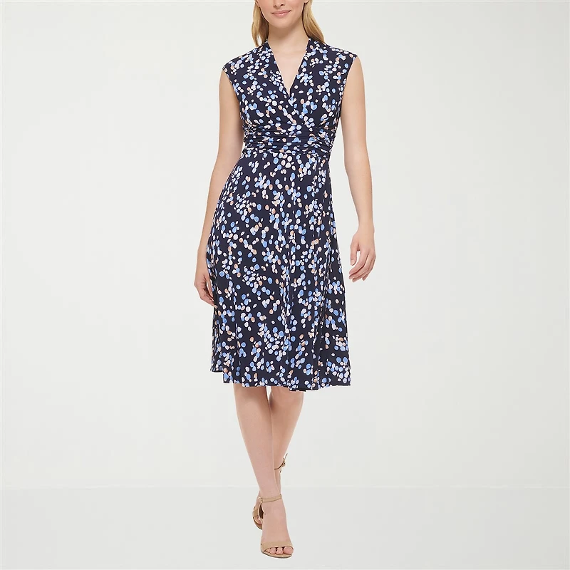 Jessica Howard Womens Petite Midi V Neck Sleeveless Floral Fit + Flare Dress
