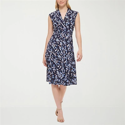 Jessica Howard Womens Petite Midi V Neck Sleeveless Floral Fit + Flare Dress