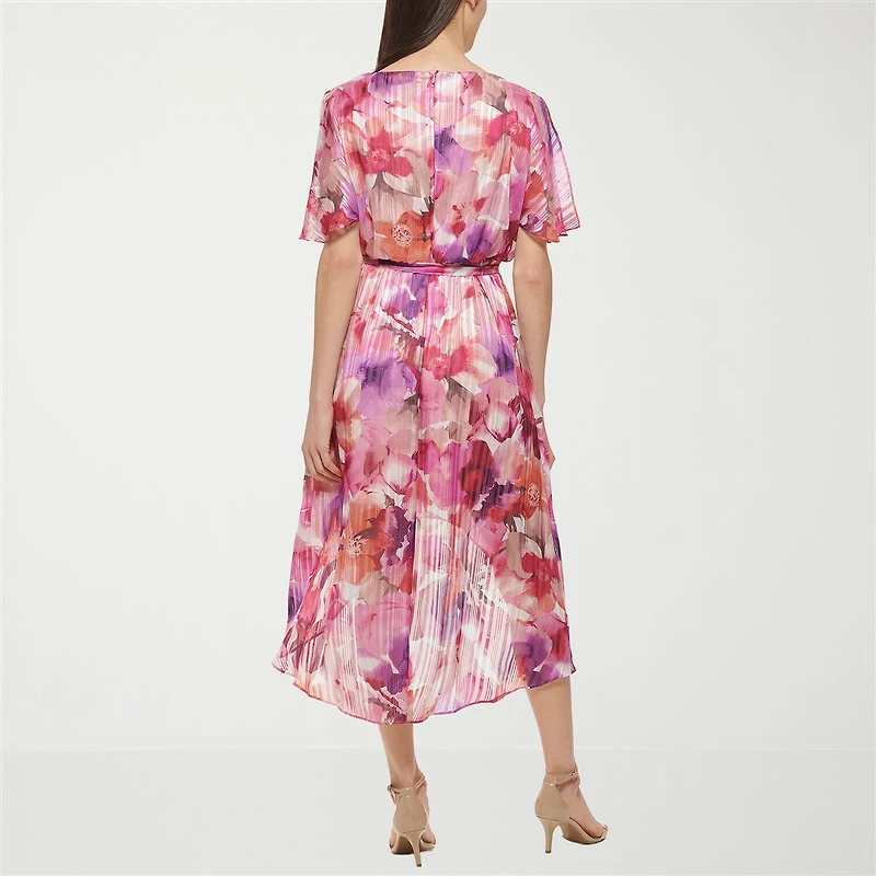 Jessica Howard Womens Petite High-Low Boat Neck Short Sleeve Flutter Floral Fit + Flare Dress