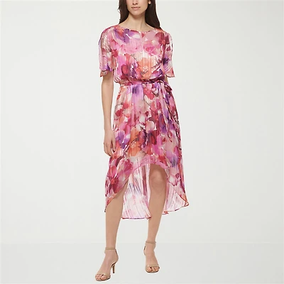 Jessica Howard Womens Petite High-Low Boat Neck Short Sleeve Flutter Floral Fit + Flare Dress