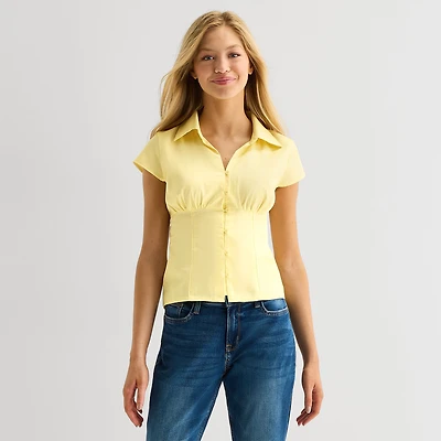Arizona Womens Juniors Cap Short Sleeve Regular Fit Button-Down Shirt