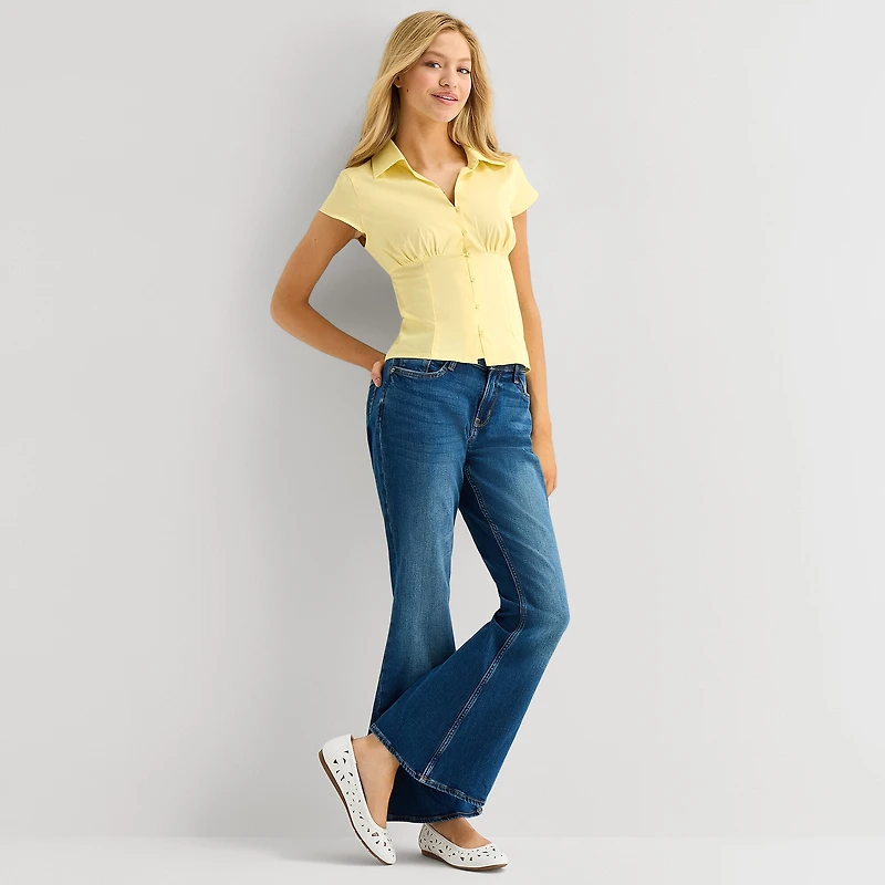 Arizona Womens Juniors Cap Short Sleeve Regular Fit Button-Down Shirt