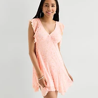 Arizona Womens Juniors V Neck Short Sleeve Babydoll Dress