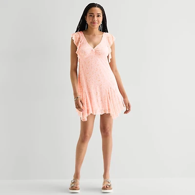 Arizona Womens Juniors V Neck Short Sleeve Babydoll Dress