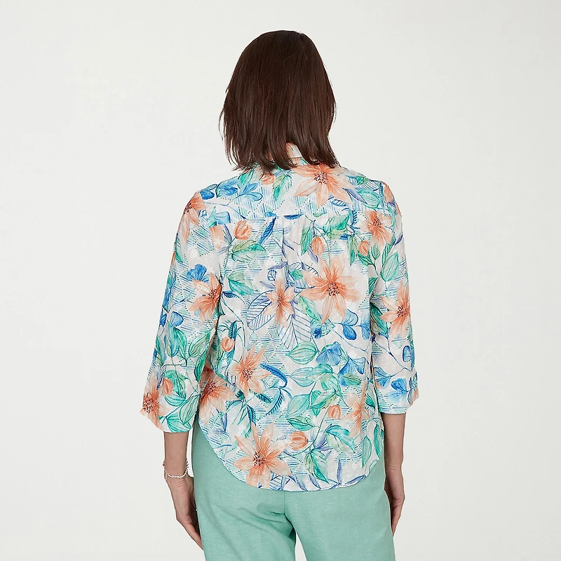 Alfred Dunner Caribbean Blues Womens 3/4 Sleeve Blouse