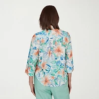 Alfred Dunner Caribbean Blues Womens 3/4 Sleeve Blouse