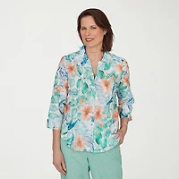 Alfred Dunner Caribbean Blues Womens 3/4 Sleeve Blouse