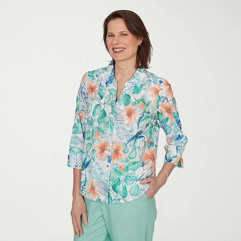 Alfred Dunner Caribbean Blues Womens 3/4 Sleeve Blouse