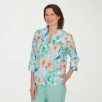 Alfred Dunner Caribbean Blues Womens 3/4 Sleeve Blouse