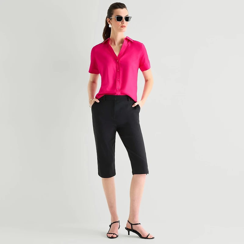 Worthington Womens Cuffed Short Sleeve Slim Fit Button-Down Shirt