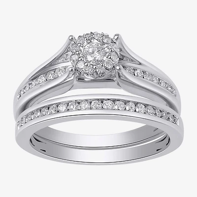 Womens 1/2 CT. T.W. Lab Grown White Diamond 10K Gold Round Side Stone Halo Bridal Set