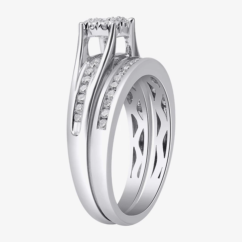 Womens 1/2 CT. T.W. Lab Grown White Diamond 10K Gold Round Side Stone Halo Bridal Set