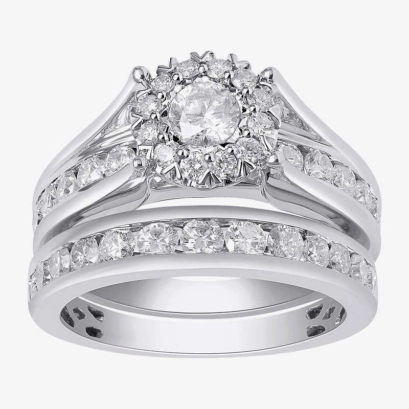 (G / I1) Womens 2 CT. T.W. Lab Grown White Diamond 14K Gold Round Side Stone Halo Bridal Set