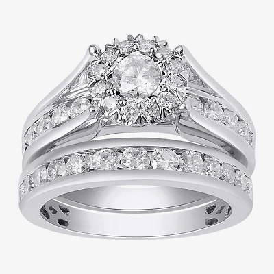 (G / I1) Womens 2 CT. T.W. Lab Grown White Diamond 14K Gold Round Side Stone Halo Bridal Set