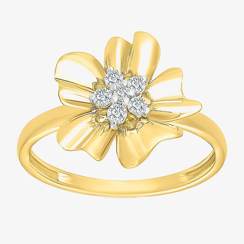 Womens 1/8 CT. T.W. Natural White Diamond 10K Gold Flower Cocktail Ring