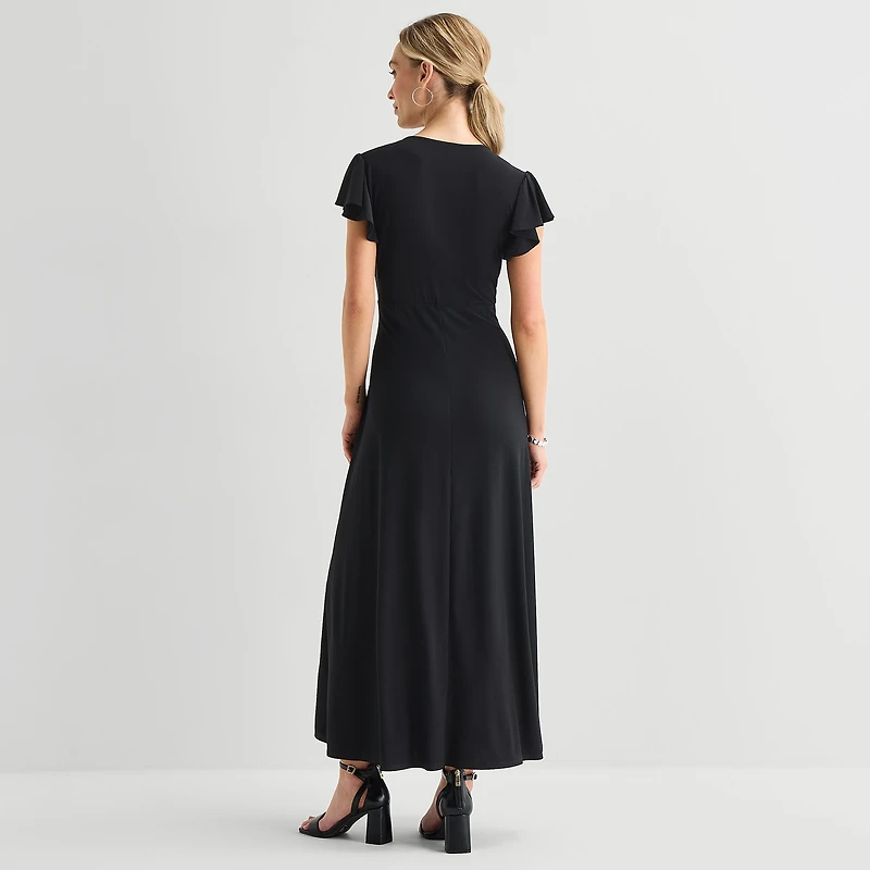 MSK Womens V Neck Short Sleeve Flutter Maxi Dress