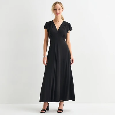 MSK Womens V Neck Short Sleeve Flutter Maxi Dress