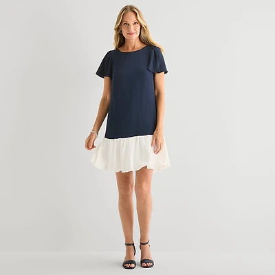 Marc New York Womens Round Neck Short Sleeve Shift Dress