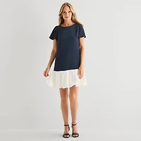 Marc New York Womens Round Neck Short Sleeve Shift Dress