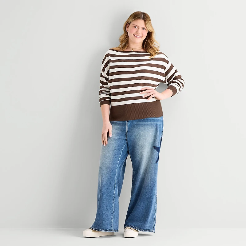 Forever 21 Juniors Plus Womens Boat Neck Long Sleeve Pullover Sweater