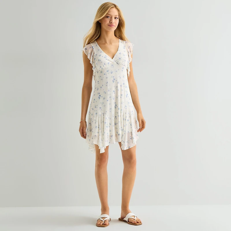 Arizona Womens Juniors V Neck Short Sleeve Babydoll Dress