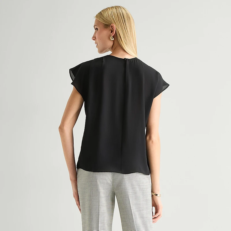 Worthington Womens Petite Crew Neck Short Sleeve Blouse