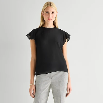 Worthington Womens Petite Crew Neck Short Sleeve Blouse