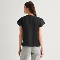 Worthington Womens Petite V Neck Short Sleeve Blouse