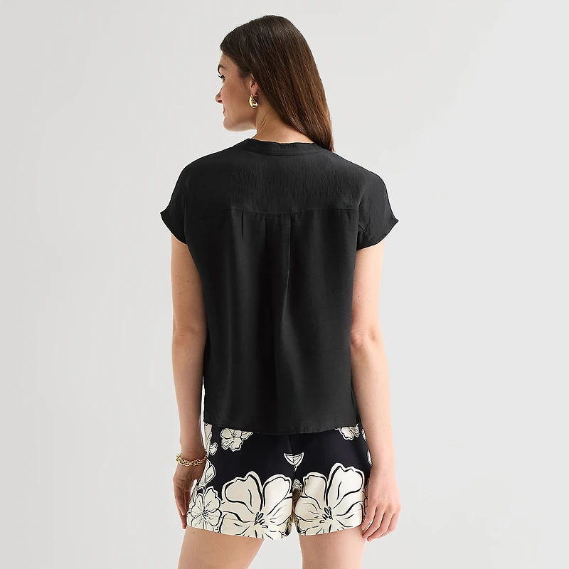 Worthington Womens Henley Neck Short Sleeve Blouse